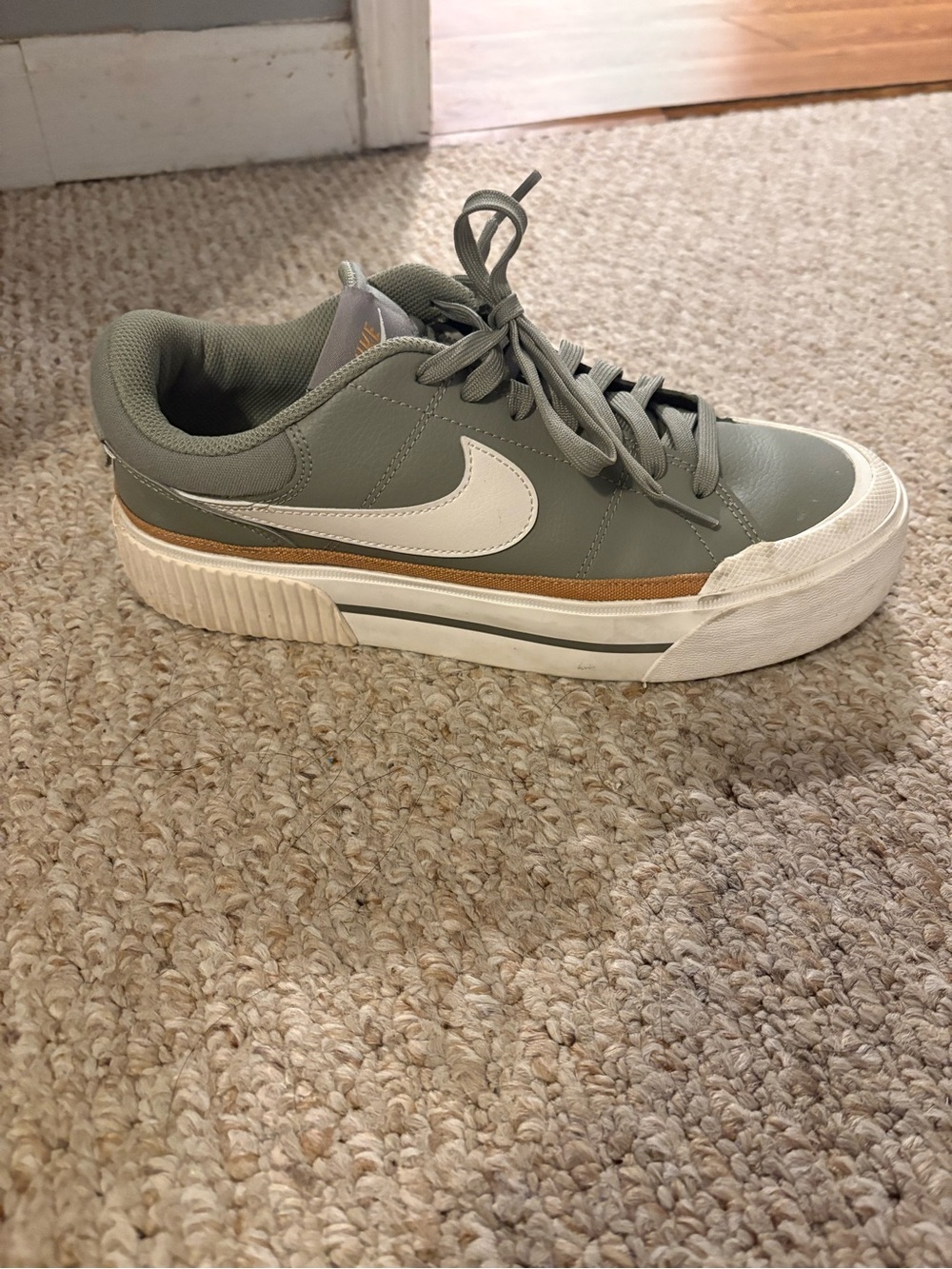Nike Men’s Low-Top Sneaker in Olive Green with White Swoosh and Tan Accent